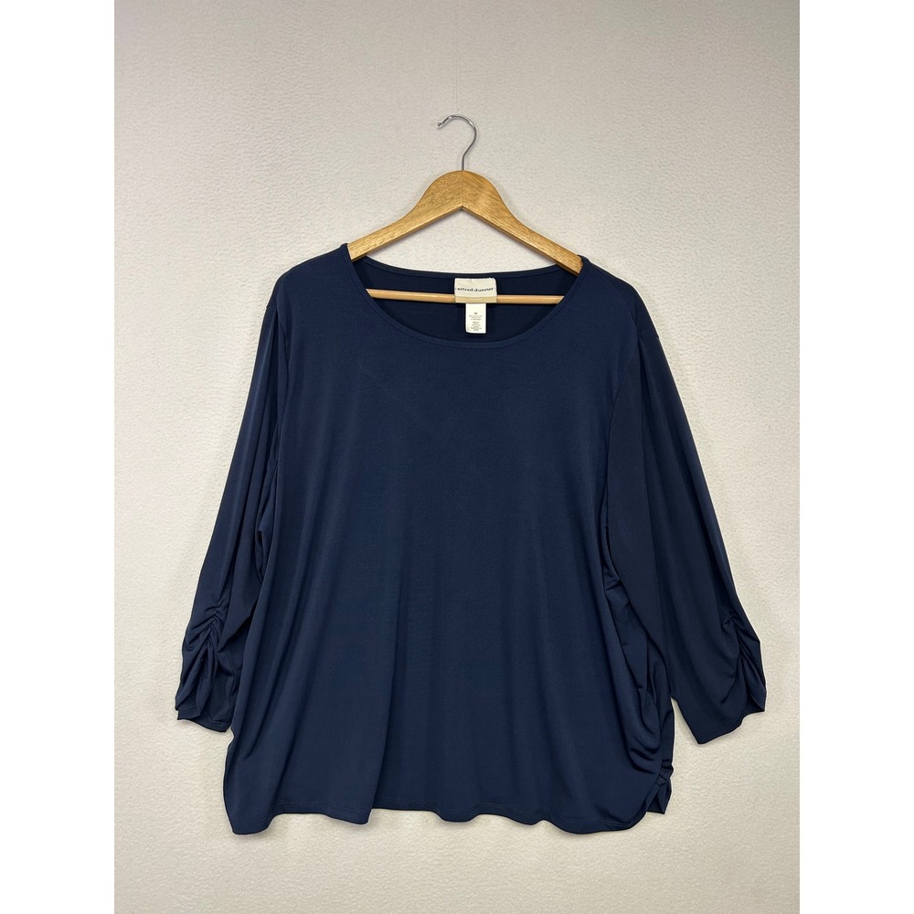 Classic Minimalist Alfred Dunner Woman 2X Navy Blue Ruched Top Office Modest